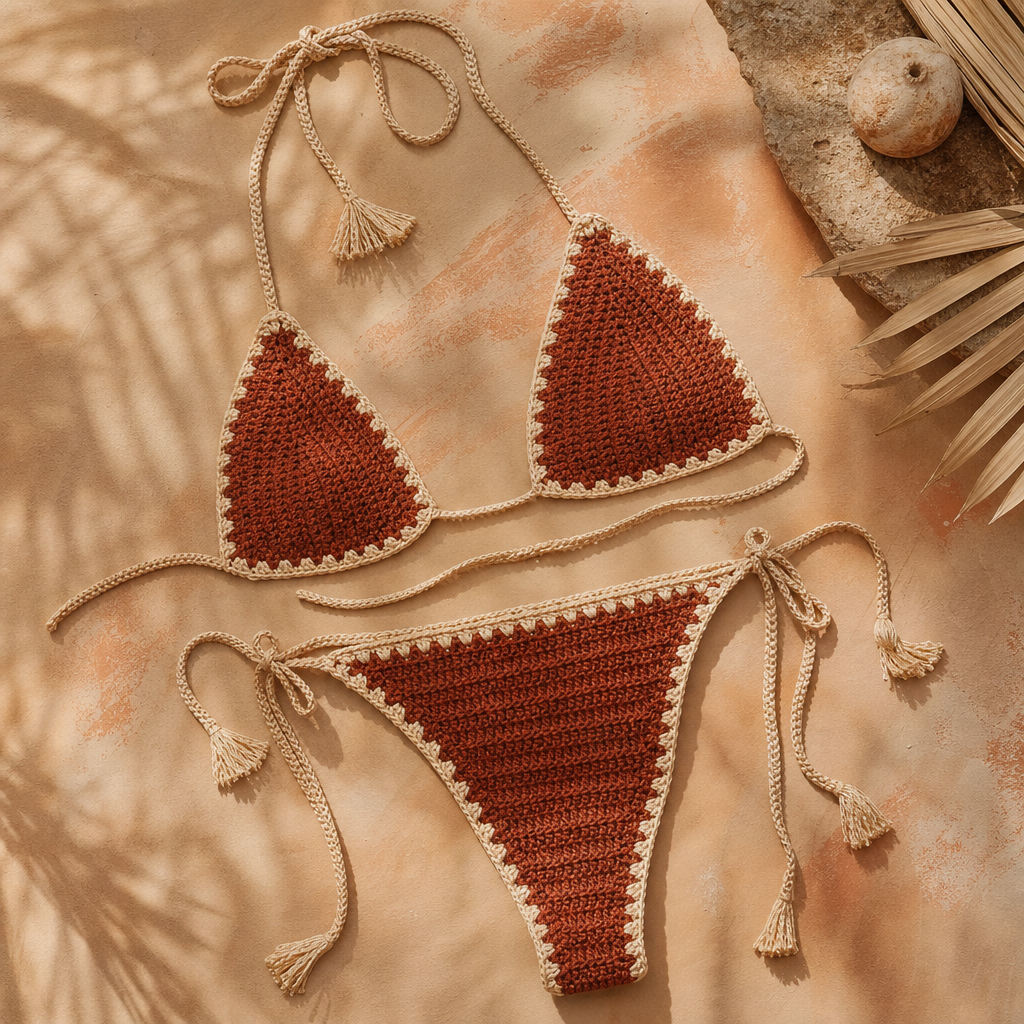 Hand-crocheted terracotta and cream swim set styled flat