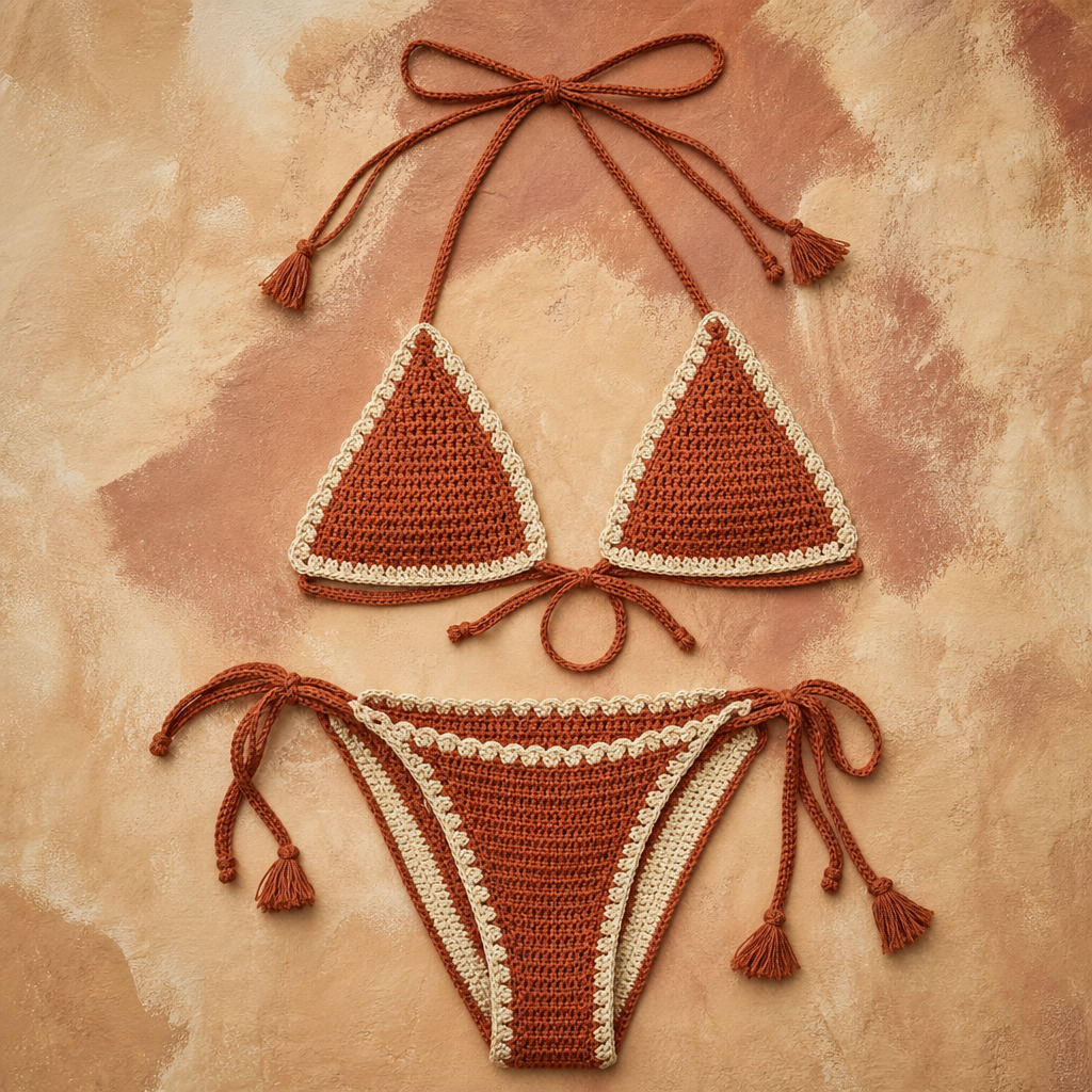 Hand-crocheted terracotta and cream bikini set
