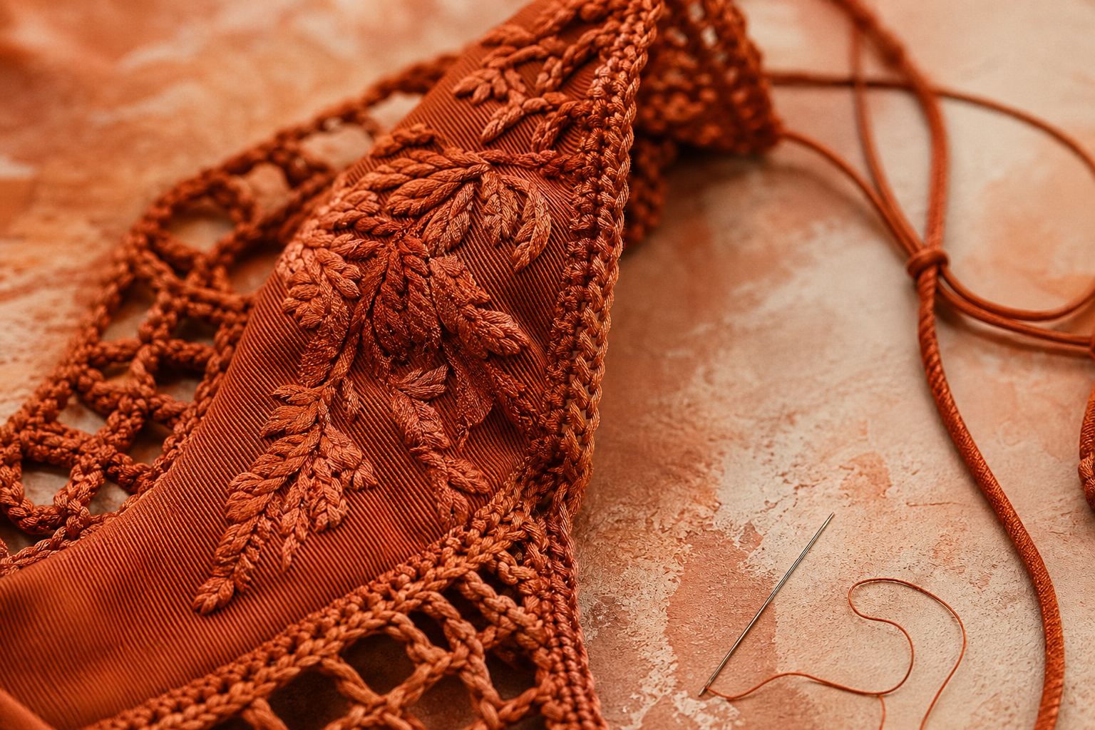 Close detail of hand-crocheted stitching and applied floral trim