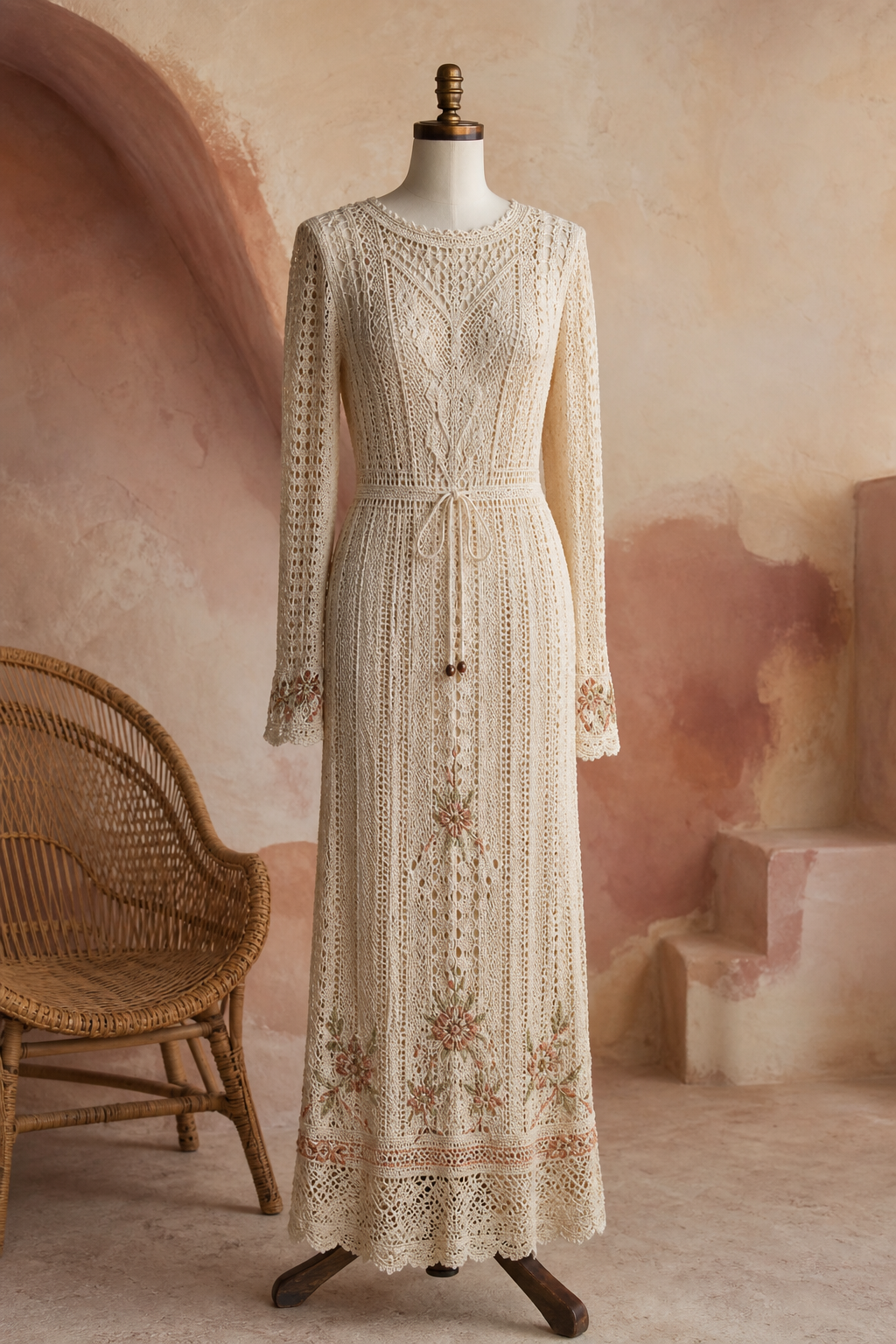 Long ivory hand-crocheted beach dress with embroidered detail