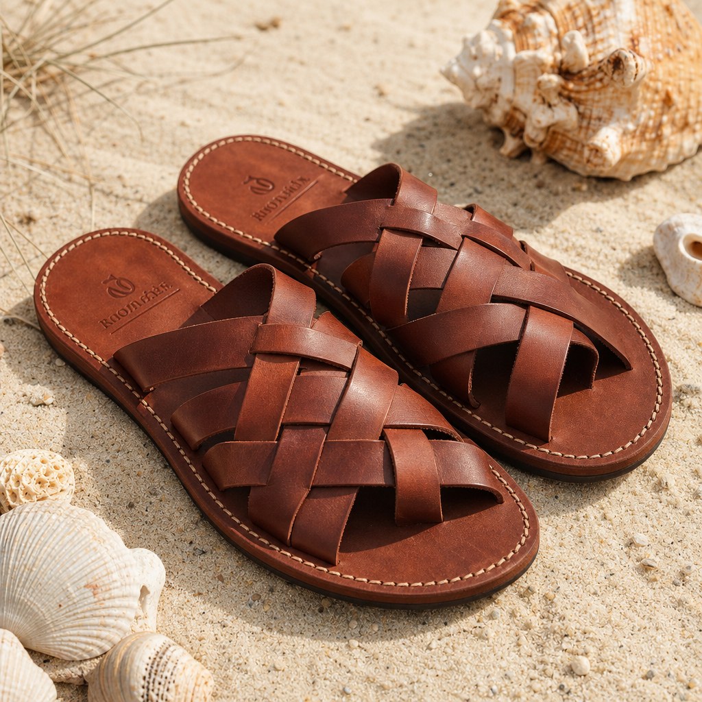 Handcrafted leather beach sandals with woven straps
